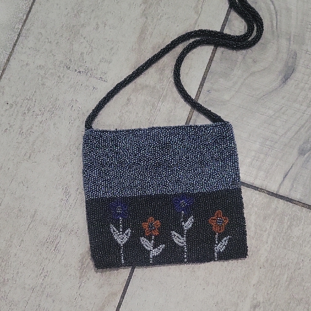 Source Unknown Black and Blue Mini Bag with Floral Embroidery
